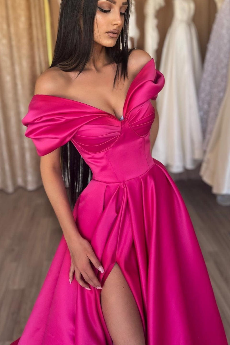 Fuchsia Off-the-Shoulder Prom Dress Long Split V-Neck-stylesnuggle