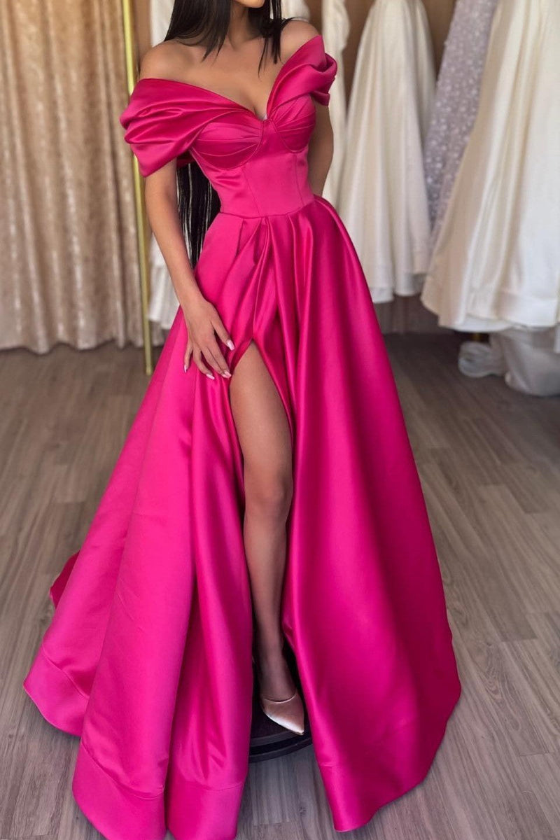 Fuchsia Off-the-Shoulder Prom Dress Long Split V-Neck-stylesnuggle