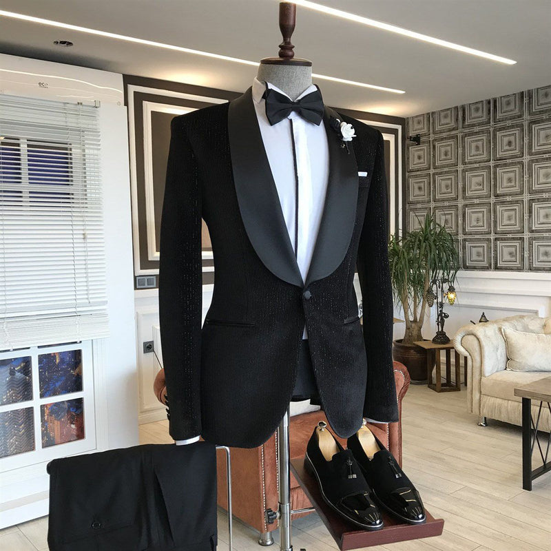 stylesnuggle is your ultimate source for Gentle Black Velvet Shawl Lapel With One Button Slim Fit Wedding Suits. Our Black Shawl Lapel wedding groom Men Suits come in Bespoke styles &amp; colors with high quality and free shipping.