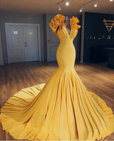 Wanna Prom Dresses, Real Model Series in Mermaid style,  and delicate  work? stylesnuggle has all covered on this elegant Ginger Yellow Fit and Flare Prom Dresses Ruffles Court Train Wholesale Evening Gowns yet cheap price.