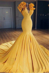 Wanna Prom Dresses, Real Model Series in Mermaid style,  and delicate  work? stylesnuggle has all covered on this elegant Ginger Yellow Fit and Flare Prom Dresses Ruffles Court Train Wholesale Evening Gowns yet cheap price.