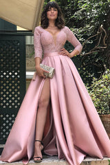 Glamorous 3/4 Sleeves Lace Prom Dress Long With Slit Online-stylesnuggle