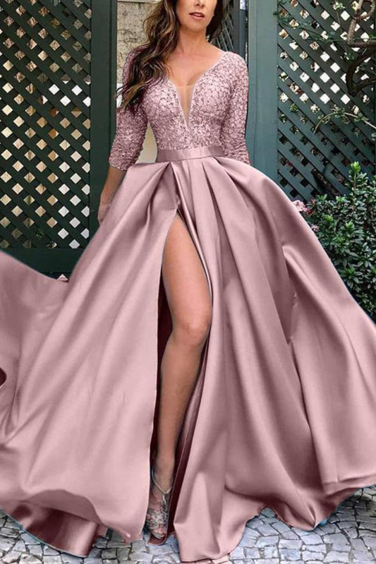 Glamorous 3/4 Sleeves Lace Prom Dress Long With Slit Online-stylesnuggle