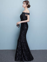 Black Evening Dress Lace Sequin Bateau Mermaid Formal Dress Off The Shoulder Floor Length Occasion Dress wedding guest dress