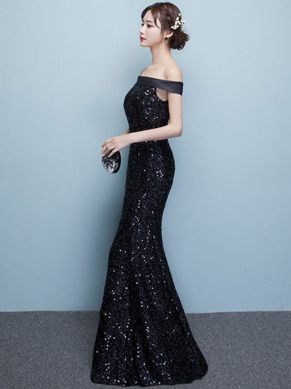 Black Evening Dress Lace Sequin Bateau Mermaid Formal Dress Off The Shoulder Floor Length Occasion Dress wedding guest dress