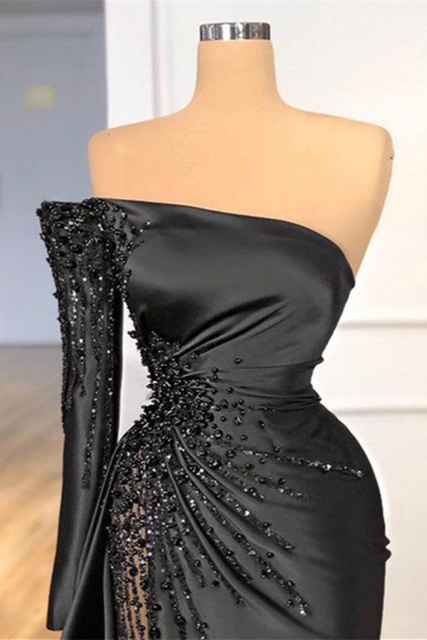 Glamorous Black Long Sleeve One Shoulder Prom Dress Beadings Evening Gowns-stylesnuggle