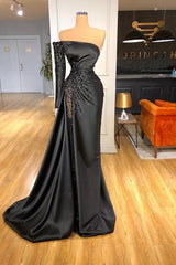 Glamorous Black Long Sleeve One Shoulder Prom Dress Beadings Evening Gowns-stylesnuggle