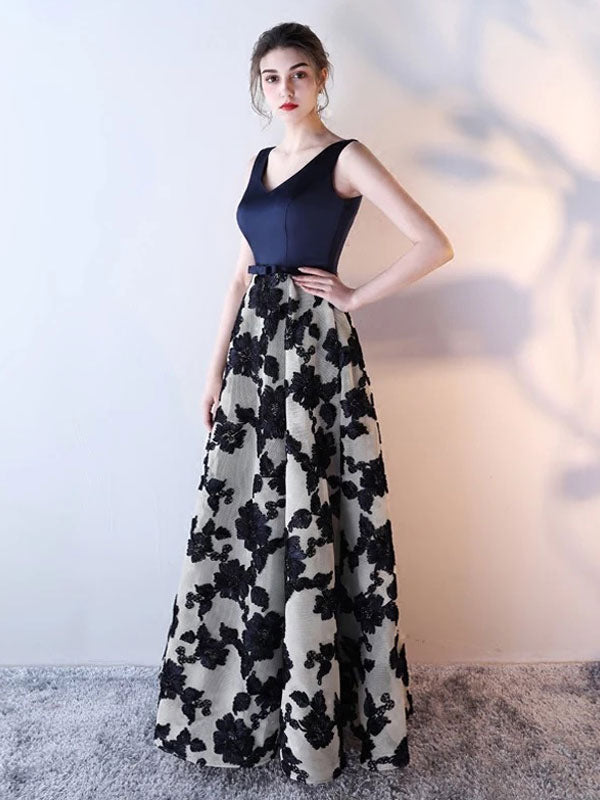 Blue evening dress  Long Satin Floral Print Evening Dress Dark Navy V Neck Backless Floor Length Formal Dress