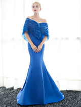 Blue Evening Dresses Off Shoulder Mermaid Evening Gown Pleated Satin Formal Dress With Train wedding guest dress