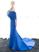 Blue Evening Dresses Off Shoulder Mermaid Evening Gown Pleated Satin Formal Dress With Train wedding guest dress