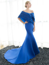 Blue Evening Dresses Off Shoulder Mermaid Evening Gown Pleated Satin Formal Dress With Train wedding guest dress