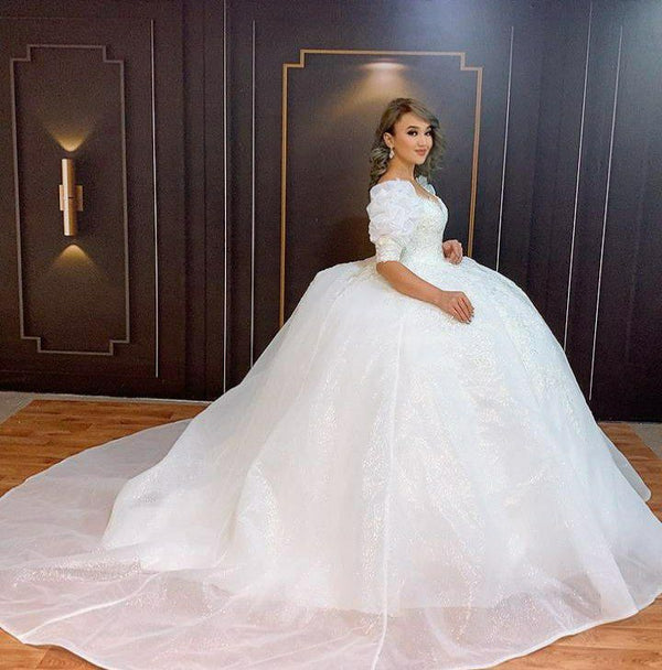 Glamorous Bubble Sleeves Vintage Ball Gown Wedding Dress With Lace Appliques-stylesnuggle