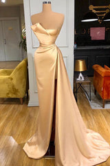 Glamorous Champagne Starpless Long Prom Dress With Split Online-stylesnuggle