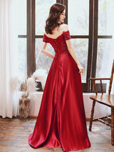 Evening Dress A-Line Bateau Neck Floor-Length Short Sleeves Lace-up Beaded Matte Satin evening dress