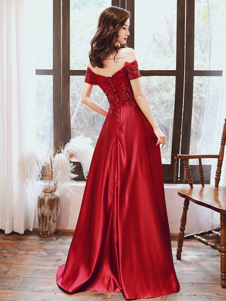 Evening Dress A-Line Bateau Neck Floor-Length Short Sleeves Lace-up Beaded Matte Satin evening dress