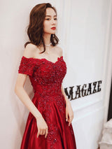 Evening Dress A-Line Bateau Neck Floor-Length Short Sleeves Lace-up Beaded Matte Satin evening dress