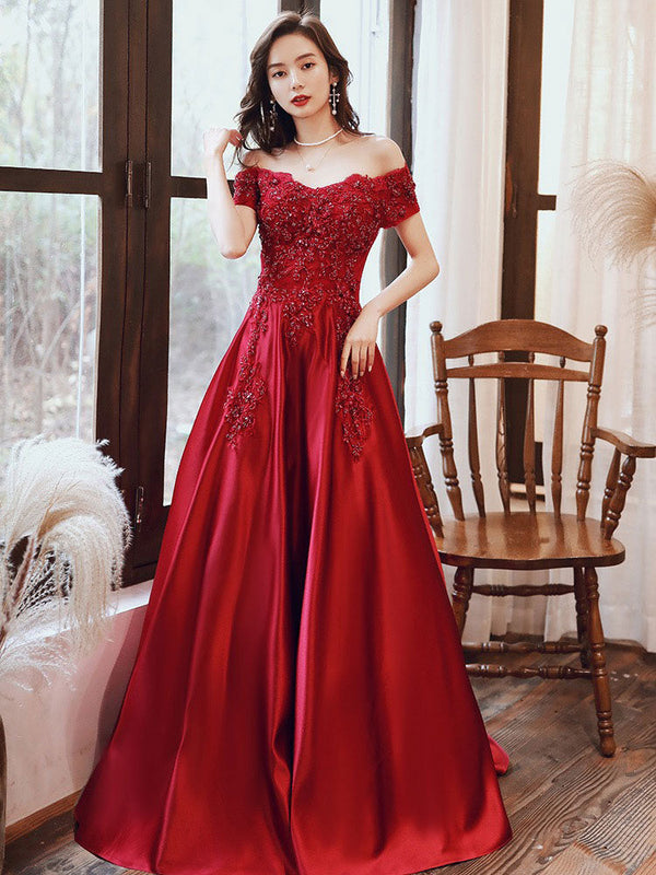 Evening Dress A-Line Bateau Neck Floor-Length Short Sleeves Lace-up Beaded Matte Satin evening dress