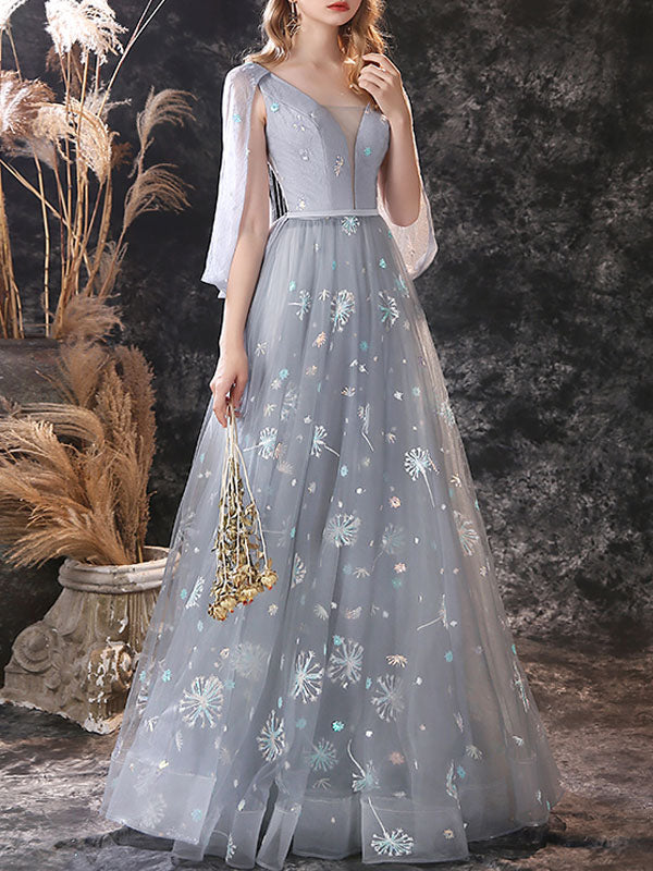 Evening Dress A-Line Jewel Neck Lace Floor-Length Lace Formal Dinner Dresses