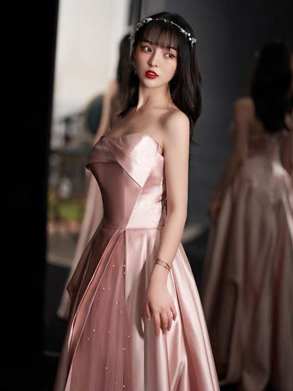 Evening Dress A-Line Strapless Floor-Length Sleeveless Lace-up Party Dresses Bean Paste Pink Pageant Dress