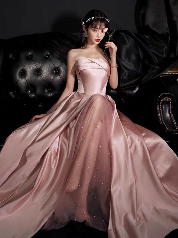 Evening Dress A-Line Strapless Floor-Length Sleeveless Lace-up Party Dresses Bean Paste Pink Pageant Dress