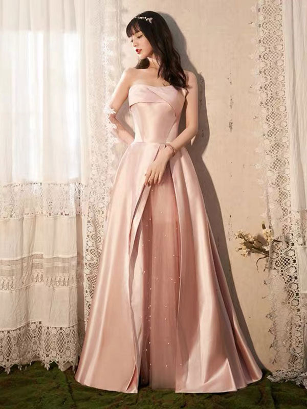 Evening Dress A-Line Strapless Floor-Length Sleeveless Lace-up Party Dresses Bean Paste Pink Pageant Dress