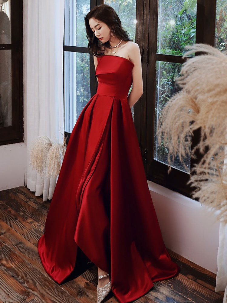 Evening Dress A-Line Strapless Satin Fabric Floor-Length Pleated Social evening dress