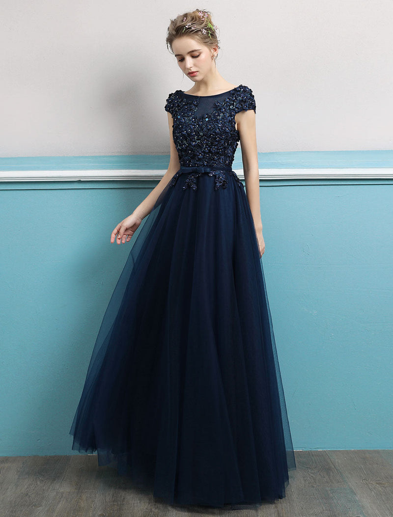 Evening Dresses  Long Dark Navy Evening Dress Jewel Neck Open Back Sequin Flowers Beaded Tulle Floor Length Formal Gowns