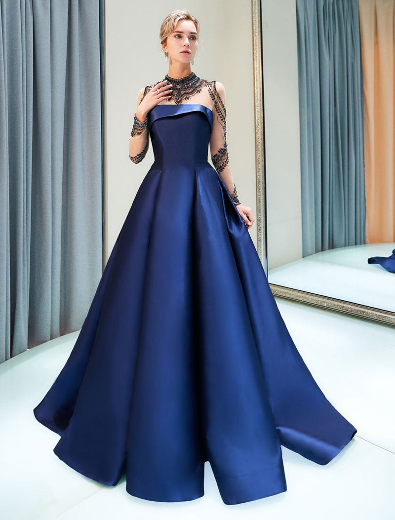 Evening Dresses Luxury Dark Navy Satin A Line Long Sleeve Lace Illusion High Collar Quinceanera Dress