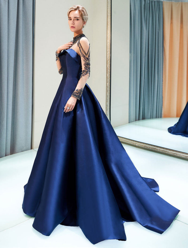 Evening Dresses Luxury Dark Navy Satin A Line Long Sleeve Lace Illusion High Collar Quinceanera Dress