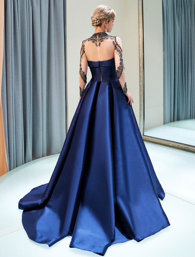 Evening Dresses Luxury Dark Navy Satin A Line Long Sleeve Lace Illusion High Collar Quinceanera Dress