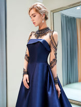 Evening Dresses Luxury Dark Navy Satin A Line Long Sleeve Lace Illusion High Collar Quinceanera Dress