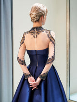 Evening Dresses Luxury Dark Navy Satin A Line Long Sleeve Lace Illusion High Collar Quinceanera Dress