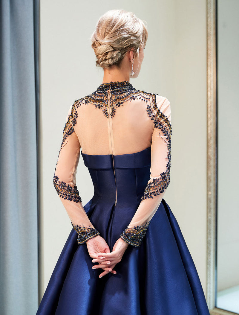 Evening Dresses Luxury Dark Navy Satin A Line Long Sleeve Lace Illusion High Collar Quinceanera Dress