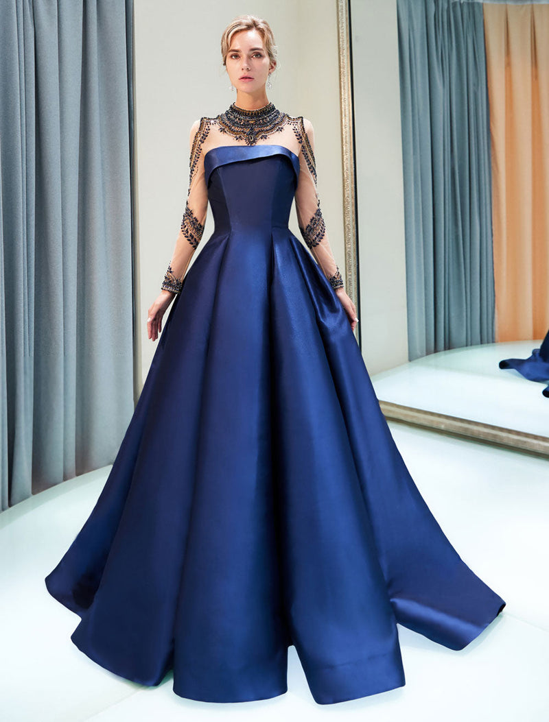 Evening Dresses Luxury Dark Navy Satin A Line Long Sleeve Lace Illusion High Collar Quinceanera Dress