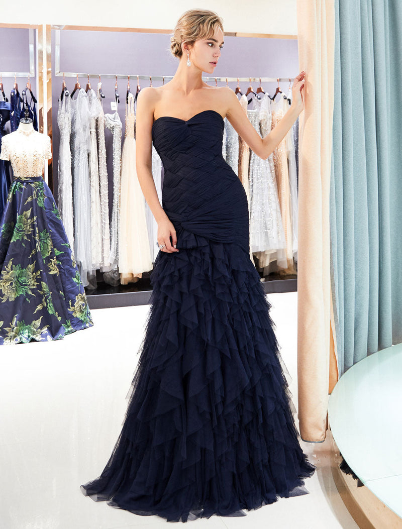 Evening Dresses Luxury Dark Navy Strapless Sweetheart Tiered Maxi Mermaid evening dress