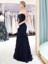 Evening Dresses Luxury Dark Navy Strapless Sweetheart Tiered Maxi Mermaid evening dress