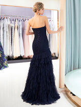 Evening Dresses Luxury Dark Navy Strapless Sweetheart Tiered Maxi Mermaid evening dress