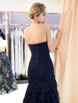 Evening Dresses Luxury Dark Navy Strapless Sweetheart Tiered Maxi Mermaid evening dress