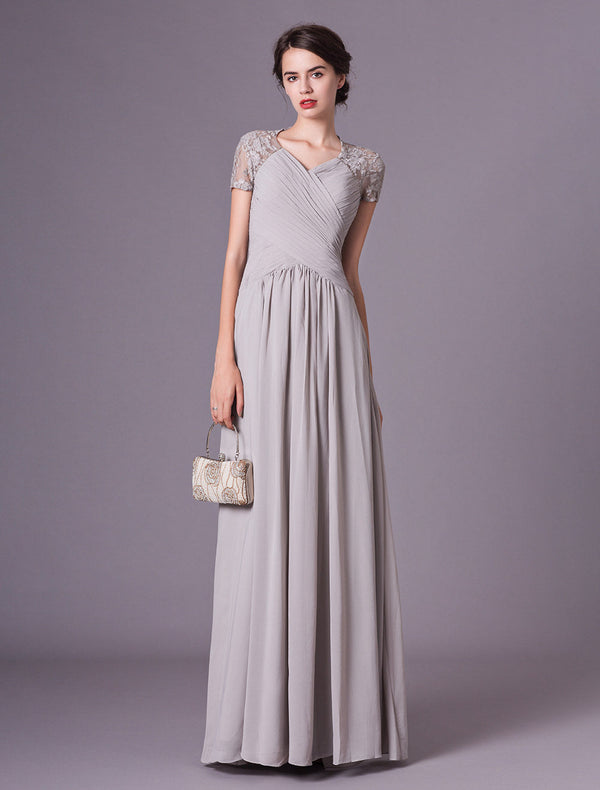 Evening Dresses Silver Lace Short Sleeve Formal Gowns Chiffon Pleated Floor Length Mother Of Bride Dress