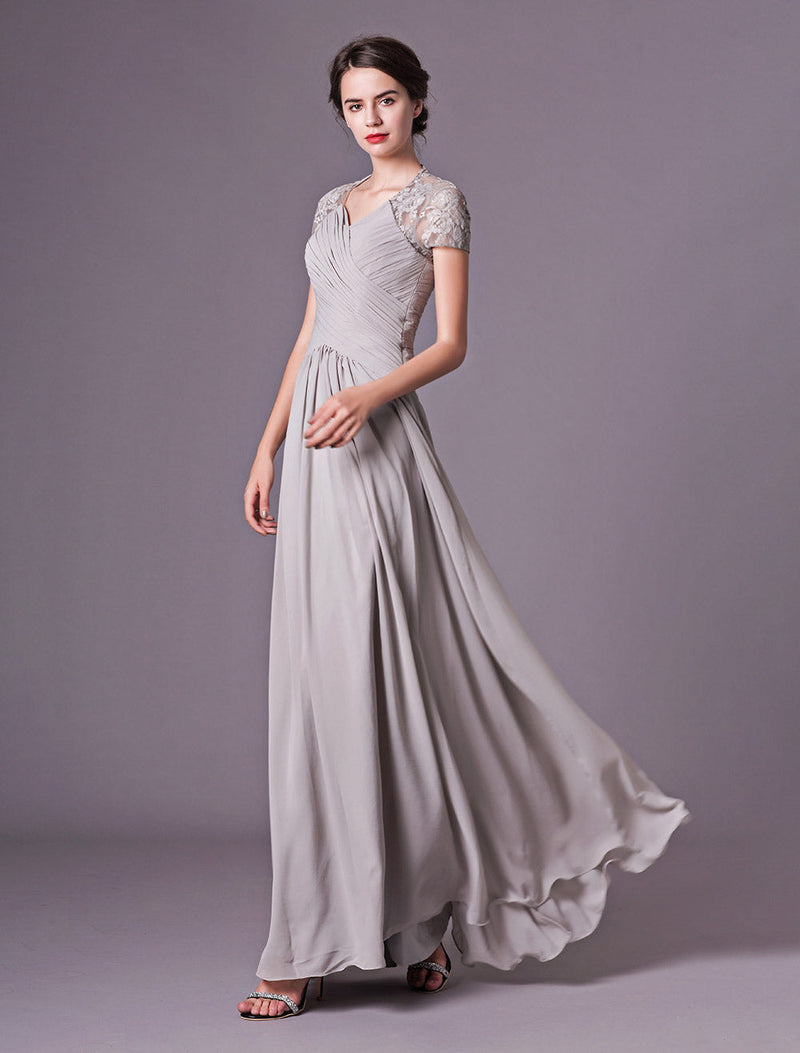 Evening Dresses Silver Lace Short Sleeve Formal Gowns Chiffon Pleated Floor Length Mother Of Bride Dress