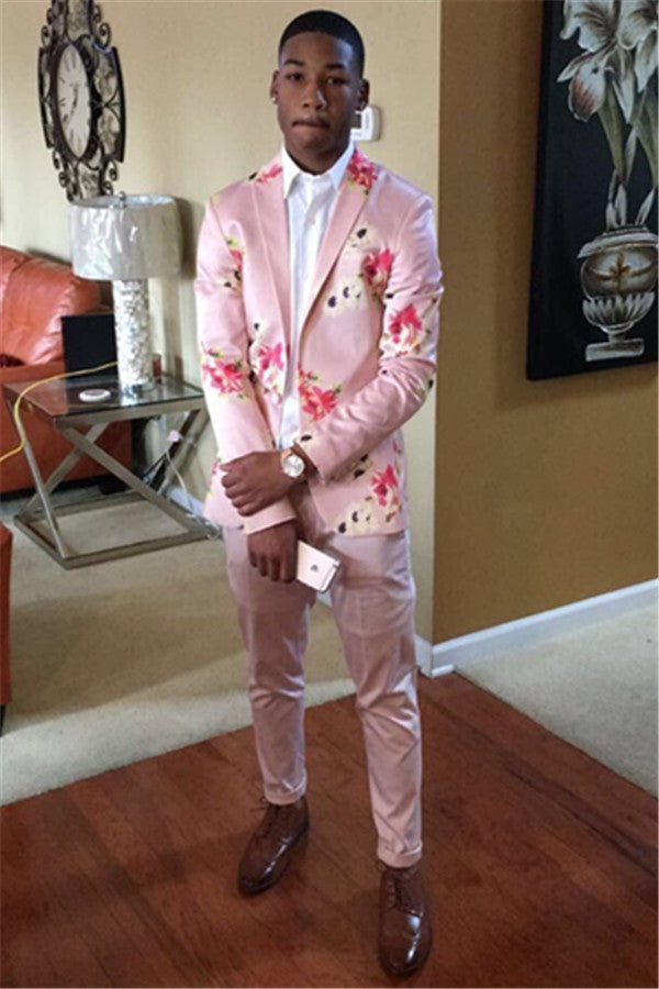 Glamorous Flower Printed Two Pieces Pink Prom Men Suit For Sale