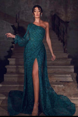 Glamorous Green Front Slit Lace Evening Dress Sequins One Shoulder With Long Sleeve On One Side-stylesnuggle