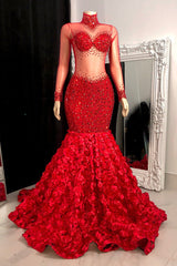 Glamorous High Neck Long Sleeves Prom Dresses Mermaid Flowers Bottom With Beads-stylesnuggle