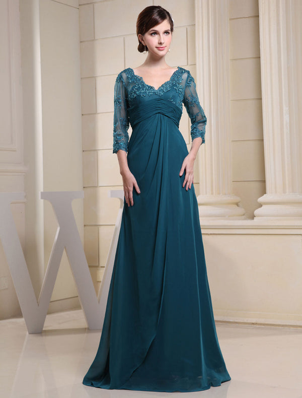 Ink Blue Evening Dress Lace Applique Beading V Neck Half Sleeves A Line Wedding Party Dress