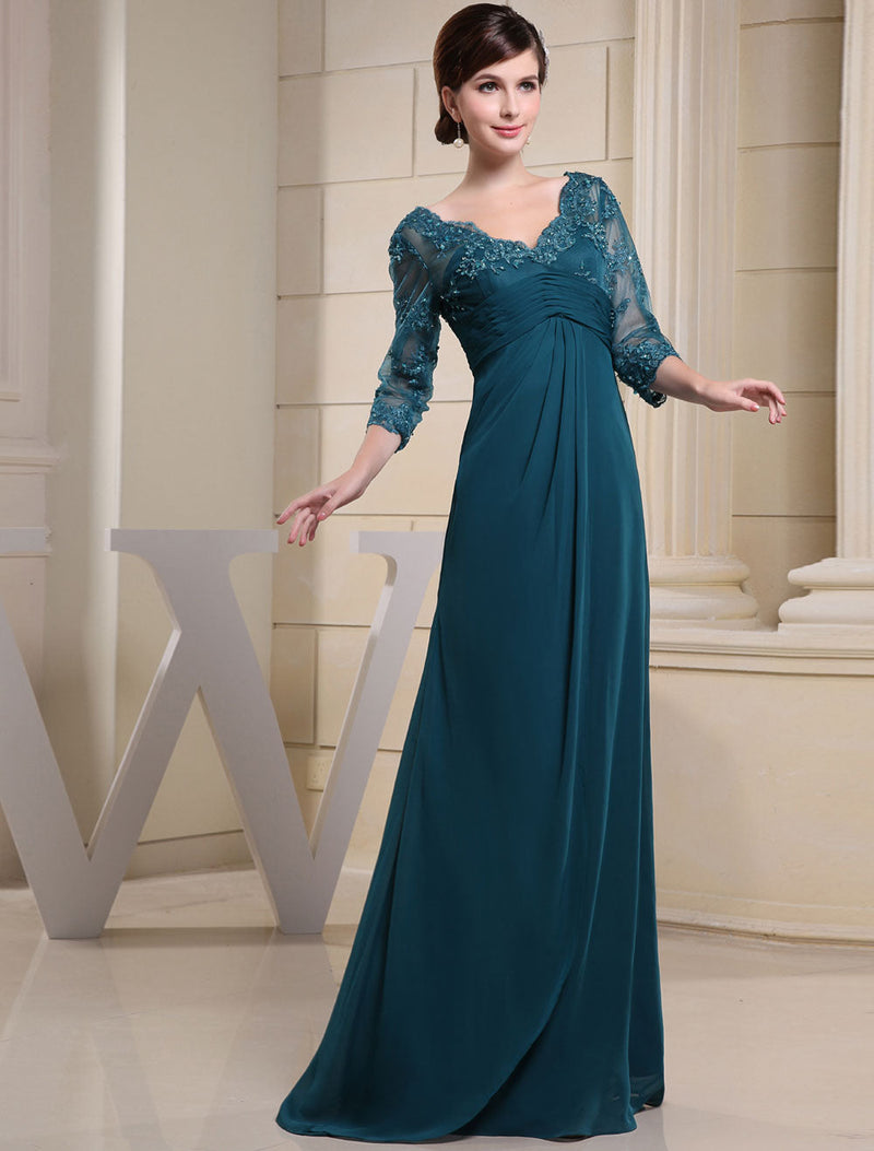 Ink Blue Evening Dress Lace Applique Beading V Neck Half Sleeves A Line Wedding Party Dress