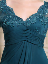 Ink Blue Evening Dress Lace Applique Beading V Neck Half Sleeves A Line Wedding Party Dress