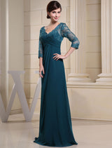 Ink Blue Evening Dress Lace Applique Beading V Neck Half Sleeves A Line Wedding Party Dress