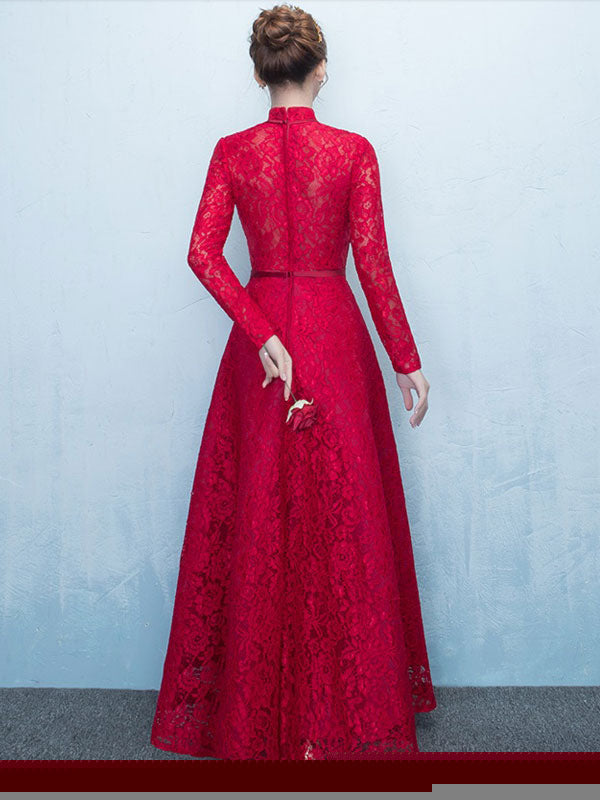 Lace Mother Of The Bride Dress Burgundy High Collar Occasion Dress Long Sleeve A Line Wedding Guest Dresses