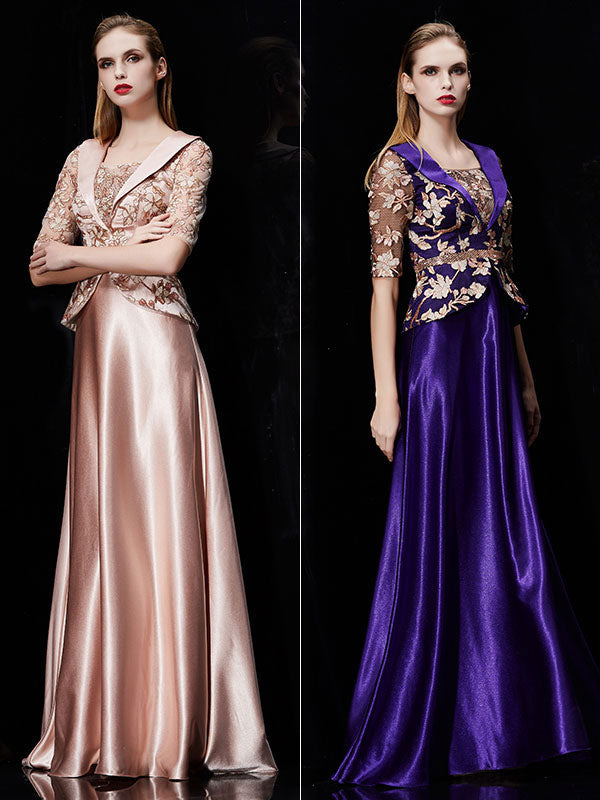 Long Evening Dress Satin Mother Dress Embroidered Beading Sash A Line Illusion Half Sleeve Shawl Collar Maxi Wedding Guest Dresses