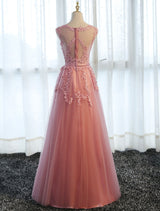 Long Evening Dresses Lace Cameo Pink Party Dress A Line Applique Tulle Maxi Formal Dress